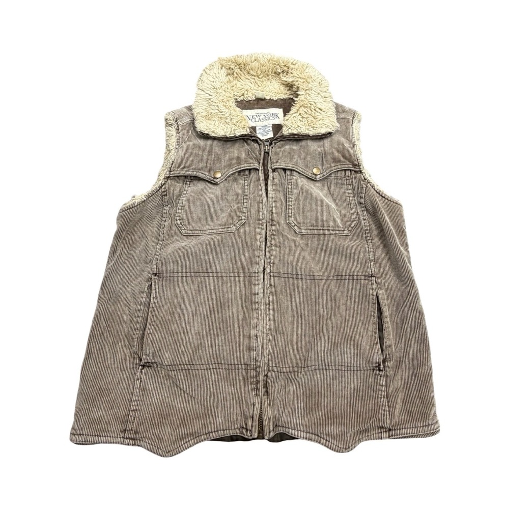 New York Classics Vest Womens L Brown Corduroy Sherpa Collar Full Zip Utility
